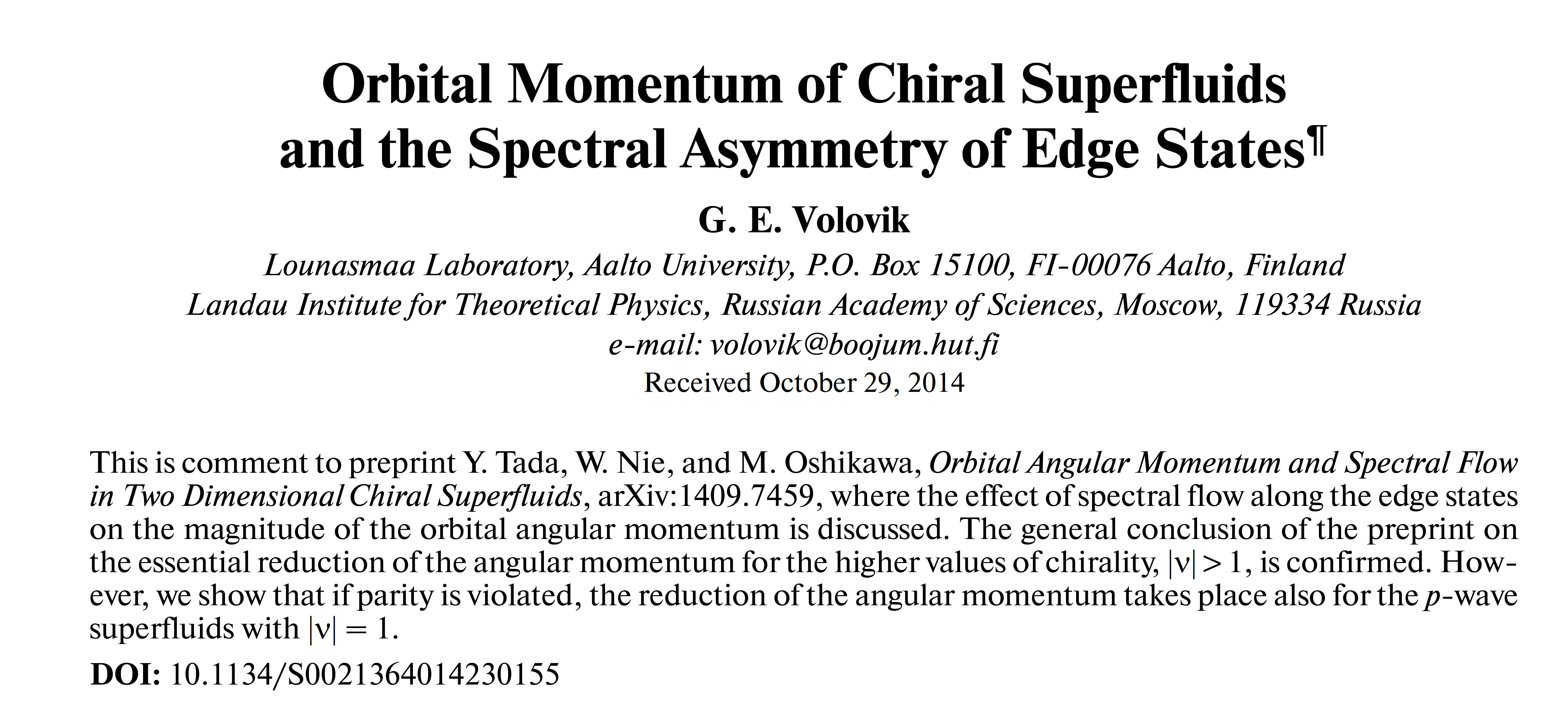 title and abstract of Volovik's comment